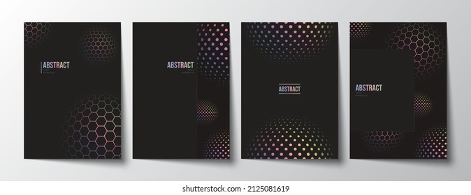 Minimalistic black backgrounds set with elegant holographic geometric shapes and copy space. Decorative design templates collection with spheres and hologram effect for brochure, cover, notebook, card