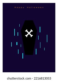 Minimalistic black coffin with crossed bones on a dark background. Happy Halloween card template.  Vector cartoon flat illustration, Halloween concept.