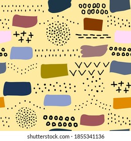Minimalistic black and colored doodle seamless pattern of randomly arranged dots, strokes, dwarfs, spirals. Scandinavian simple design for printing on wallpaper, paper, fabric, cover.