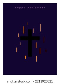 Minimalistic black cross on a dark background. Happy Halloween card template.  Vector cartoon flat illustration, Halloween concept.