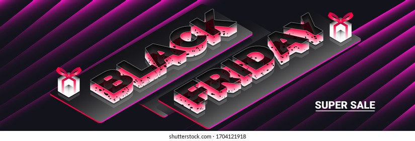 Minimalistic black design. 3D glass font, with a white matte base and a trnsparent black top. Glass boxes with ribbon. Soaring isometric panels, in black and gray tones, are located a step. Web banner