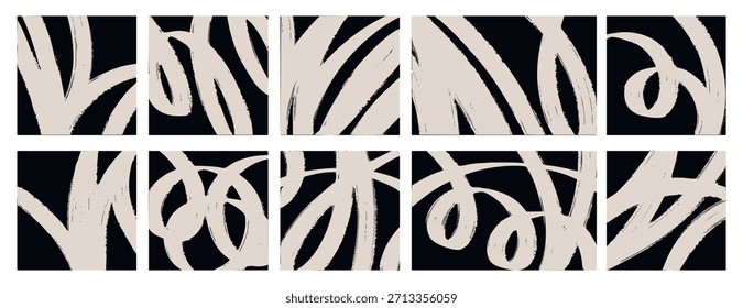 Fundo abstrato de doodle preto minimalista, coleção de esboço desenhado à mão de curvas, linhas, formas de padrão, listras, modelo de vetor geométrico pastel monocromático à mão livre, cinza claro isolado. Vetor