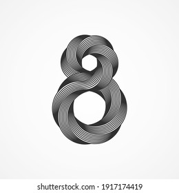 Minimalistic black eight shape, trendy retro 3d graphic style. Vector illustration. 8 geometric logo emblem template design isolated on white background. Simple creative number icon. Infinite lines.