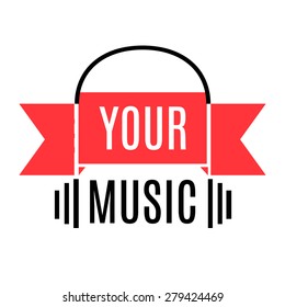 Minimalistic black graphic music logo with stylized headphones and red ribbon isolated on white background.