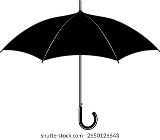 Minimalistic black icon of a classic umbrella with curved handle, without background