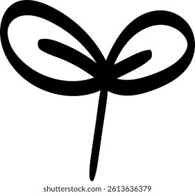 Minimalistic black line drawing of a sprout with two oval-shaped leaves and a single stem extending downward.