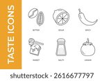Minimalistic black line icons visually representing six taste categories: bitter, sour, spicy, sweet, salty, and umami. Vector illustration