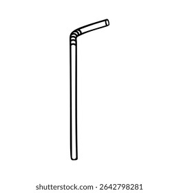 Minimalistic black line illustration of a bendy plastic straw. Doodle-style drinking straw icon, perfect for summer beverages, cocktails, or soda-related designs.