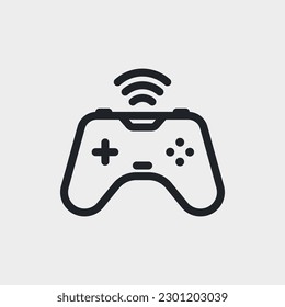 Minimalistic black linear wireless gamepad with connection signal. Joystick and gamer device concept icon design.