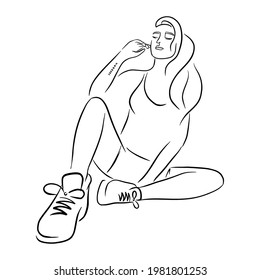 Minimalistic Black Lines Drawing of Sitting Woman in Sneakers. Modern Scandinavian Design for logo, emblem, template, web, prints, cosmetics, beauty and hair care products