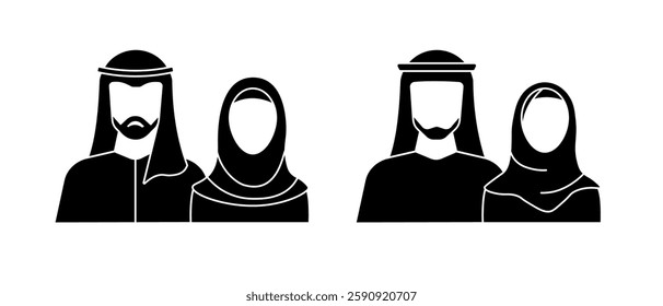 A minimalistic black logo of a Muslim family, featuring a man and woman in traditional Arabic dress, symbolizing faith and community.