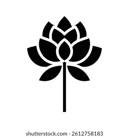 A minimalistic black lotus flower icon with symmetrical petals and a vertical stem.