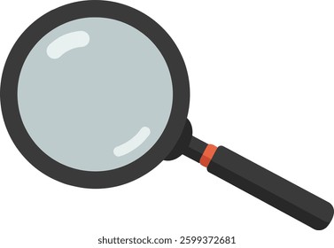 A minimalistic black magnifying glass with a clear lens and orange detailing is centered against a white background, evoking a sense of curiosity and exploration.