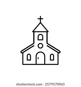 Minimalistic black outline of a church building with a cross, symbolizing religion and worship.