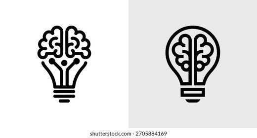 Minimalistic black outline design features a lightbulb shape encasing a brain. Symbolizes innovation, smart ideas, and intellectual inspiration.