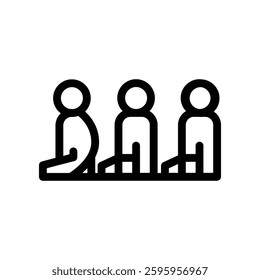 A minimalistic black outline icon of a group of Muslims praying Tarawih in congregation. Represents worship, devotion, spirituality, and Ramadan, symbolizing community prayer, faith, and nightly Islam