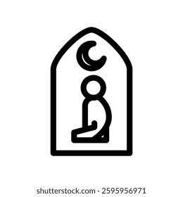 A minimalistic black outline icon of a group of Muslims praying Tarawih together. Represents worship, devotion, spirituality, and Ramadan, symbolizing communal prayer, and the holy month of fasting