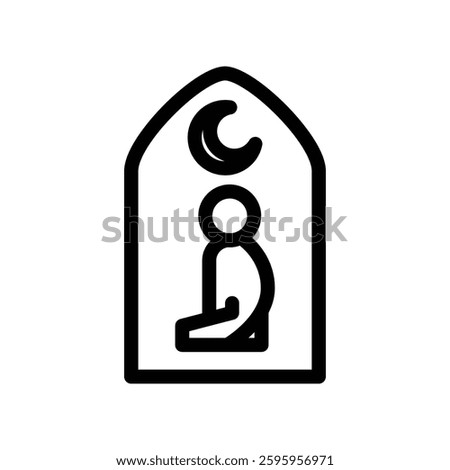 A minimalistic black outline icon of a group of Muslims praying Tarawih together. Represents worship, devotion, spirituality, and Ramadan, symbolizing communal prayer, and the holy month of fasting