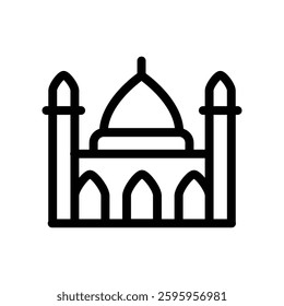 A minimalistic black outline icon of a mosque with a dome and minarets. Represents Islamic architecture, worship, spirituality, and Ramadan, symbolizing prayer, faith, and the holy month of fasting.