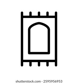 A minimalistic black outline icon of a Muslim prayer rug with decorative edges. Represents worship, devotion, spirituality, and Ramadan, symbolizing prayer, faith, and Islamic traditions.