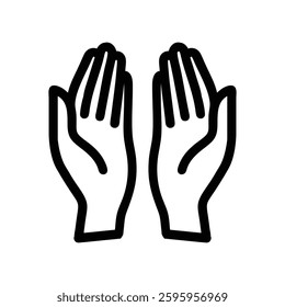 A minimalistic black outline icon of two hands raised in prayer. Represents faith, worship, supplication, and Ramadan, symbolizing devotion, spirituality, and connection with Allah.