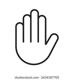 Minimalistic black outline of a raised hand representing a universal 'stop' or 'do not proceed' message. Ideal for signs, apps, or instructional designs.