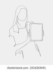 Minimalistic black outline of a woman holding a tablet, capturing a tech-focused scene with clean and simple lines.