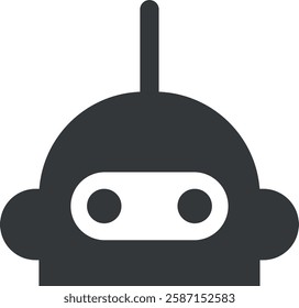 Minimalistic black robot head icon with circular eyes and antenna. Technology, innovation, AI