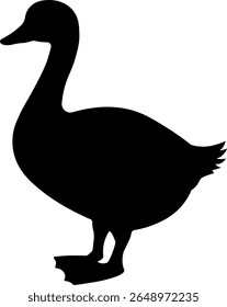 Minimalistic black silhouette of a goose or duck standing in side view, isolated without background, suitable for farm, wildlife, or nature themes