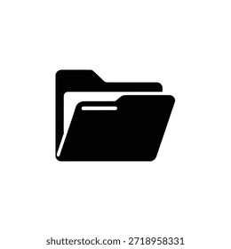 Una silueta negra minimalista de una carpeta de computadora abierta que contiene papel o archivos, que simboliza la organización de datos.