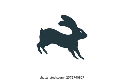 Minimalistic black silhouette of a rabbit in motion with large ears, isolated on a white background, ideal for logos.