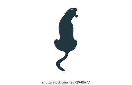 Minimalistic black silhouette of a roaring panther with a curved tail, isolated on a white background, ideal for logos or art.