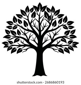 Una silueta negra minimalista de la corona superior de un árbol y ramas con hojas, con un estilo denso y gráfico sobre un fondo blanco.
