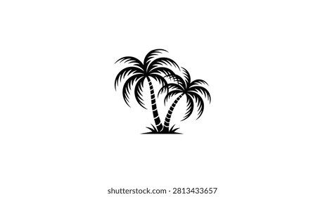 Minimalistic black silhouette of two tropical palm trees with curved trunks and arching fronds standing together on small ground patch, symbolizing beach, island, and relaxation themes