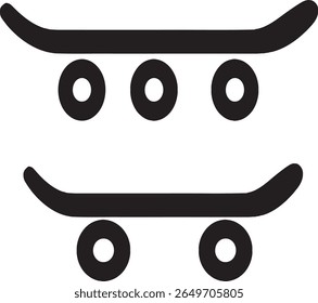 Minimalistic black skateboard vector icon with visible wheels and flat design. Features sleek deck silhouette and wheel detail. Perfect for skate shops, apps, logos, and minimalist graphic.