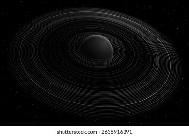 Minimalistic black space vector art depicting a stylized planet with sleek concentric rings, resembling Saturn or a black hole, set against a star-dotted cosmic background.