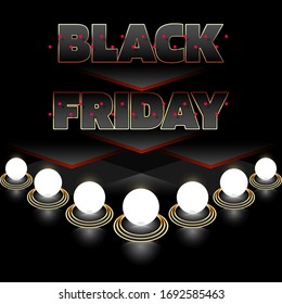 Minimalistic black style. Black font with a gold border. Tiles, luminous balls, red dots, abstract geometry, isometry. Business banner, advertisement, poster, flyer. Black friday.