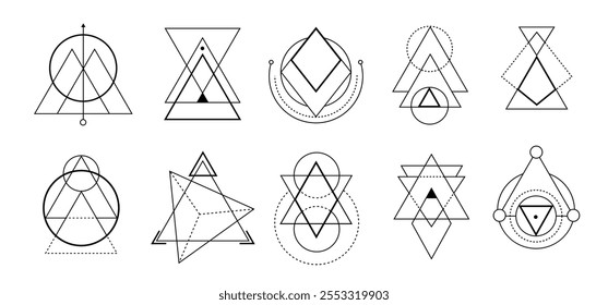 Símbolo minimalista de triângulo preto com linhas místicas e formas sagradas, inspirado pela antiga alquimia e práticas espirituais. Perfeito para arte ritualística e meditativa.