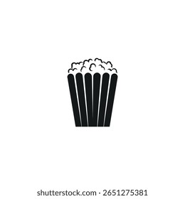 A minimalistic black vector graphic depicts a container brimming with popcorn, set against a clean white backdrop. The illustration is simple and easily recognizable.