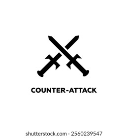 A minimalistic black vector icon of crossed swords, symbolizing counterattacks, medieval duels, and warrior power, representing chivalry and antique battle traditions.