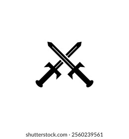 A minimalistic black vector icon of crossed swords, symbolizing medieval duels, chivalry, and the power of knights, warriors, and barbarians in antique battles.