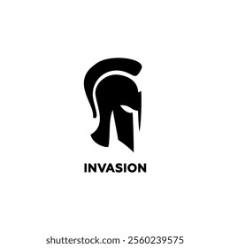 A minimalistic black vector icon of a Greek or Roman gladiator helmet, symbolizing invasion, protection, and warrior strength in antique and medieval battles.