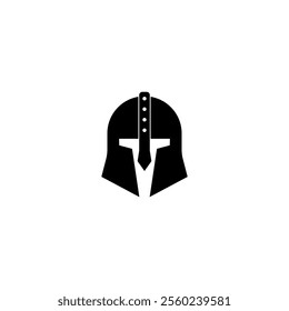 A minimalistic black vector icon of a Greek or Roman gladiator helmet, symbolizing warrior defense, antique battles, and medieval protection with a simple silhouette.