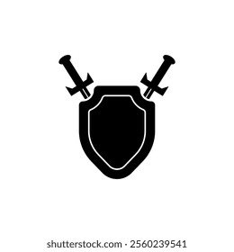 A minimalistic black vector icon of a medieval shield, symbolizing defense, protection, resistance, and safety in battles and antique warfare.
