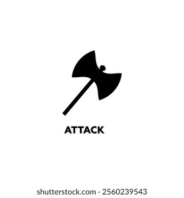 A minimalistic black vector icon of a medieval axe, symbolizing power, attack, and barbarian strength in battles, featuring a simple silhouette design.