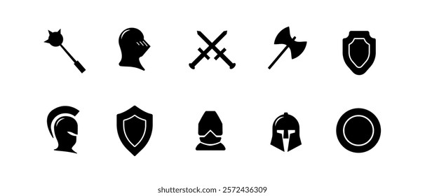 A minimalistic black vector icon set featuring helmets, swords, and axes, representing antique warriors, Greek and Roman soldiers, knights, and medieval battles.