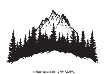 Ilustración vectorial negra minimalista de una silueta de montaña forestal.