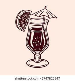 Minimalistic black vector illustration of a tropical cocktail in a hurricane glass with orange slice and umbrella. Modern clean design, perfect for summer drinks, beach parties, bar menus, vacation themes
