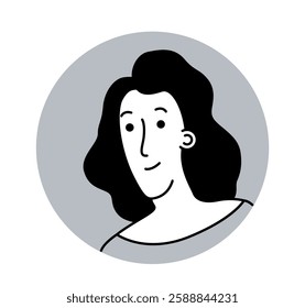 Minimalistic black and white avatar of a smiling woman with wavy hair, drawn in a simple cartoon style on a gray circular background. Concept of user profile icon. Vector illustration