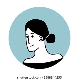 Minimalistic black and white avatar of a woman with tied hair, wearing an off-shoulder top. The background is a light blue circle. Concept of profile icon. Vector illustration